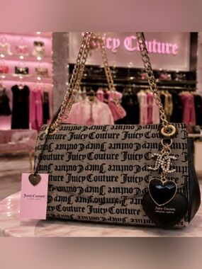 VIRAL THE GLAM Juicy Couture Black Logo Script Chain Shoulder Bag w/ Heart Charm